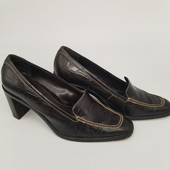 ANTONIO MELANI ITALIAN BROWN ALLIGATOR PATTERNED LEATHER LOAFERS WITH 2.5" HEEL - Picture 3 of 6